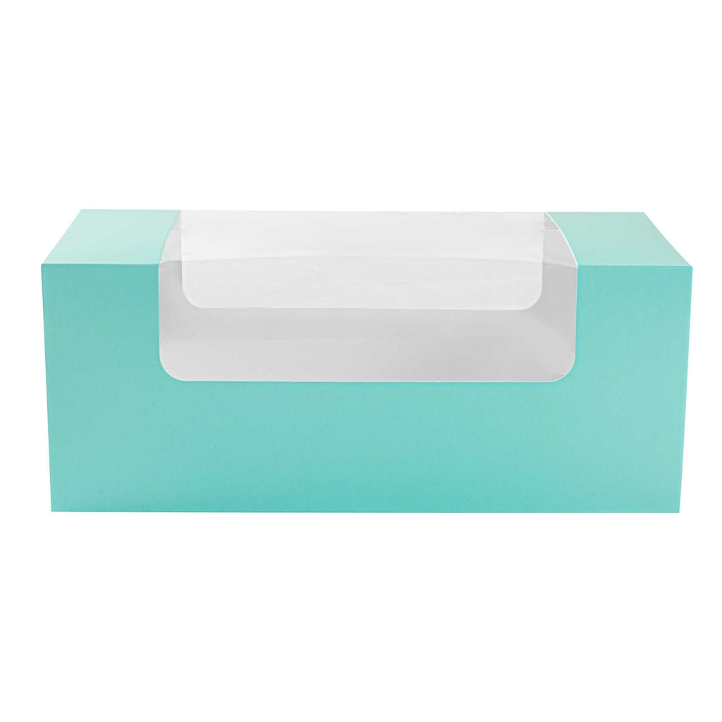 Pastry Tek Turquoise Paper Pastry / Cake Box - with Window - 9 3/4" x 4 3/4" x 4" - 100 count box