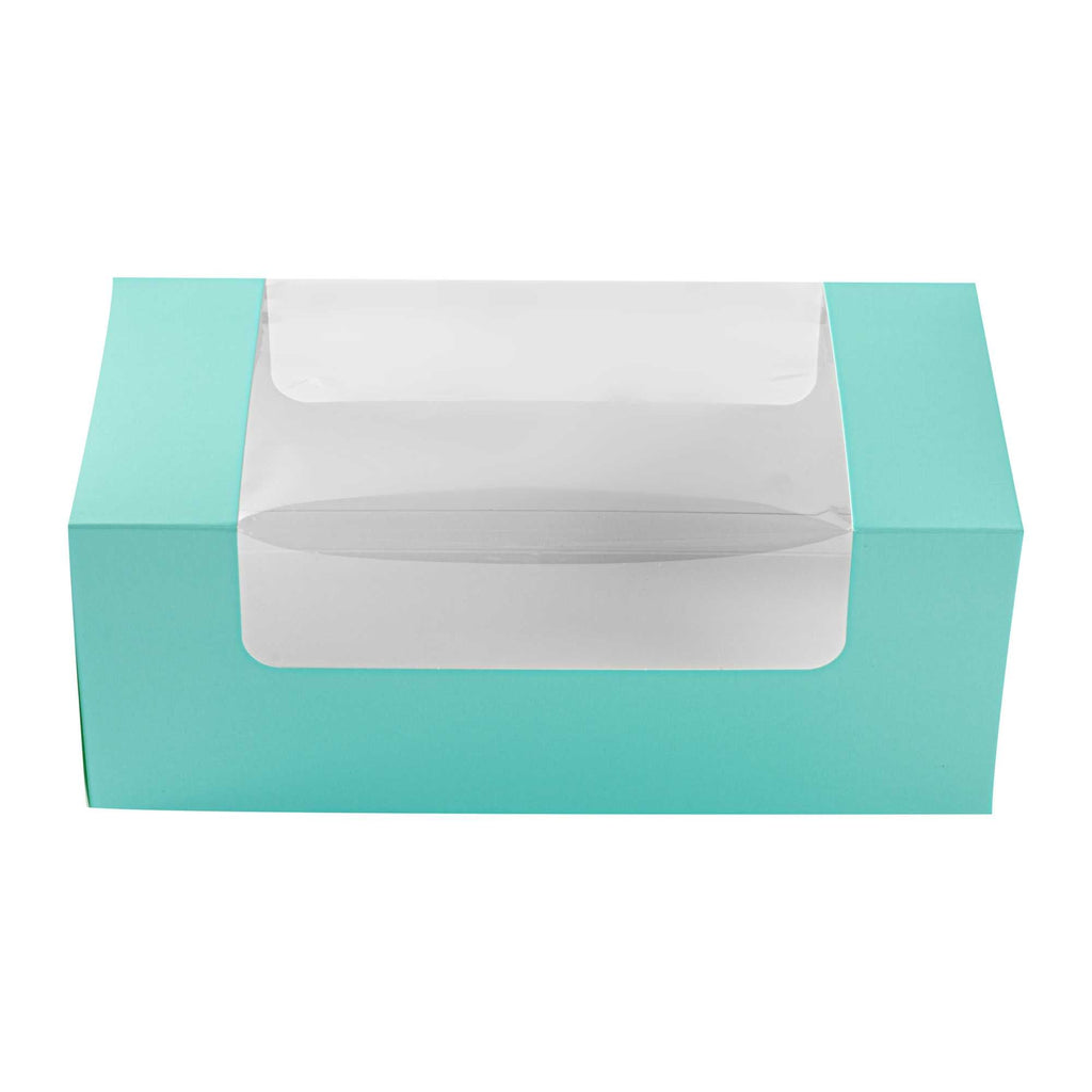 Pastry Tek Turquoise Paper Pastry / Cake Box - with Window - 9 3/4" x 4 3/4" x 4" - 100 count box