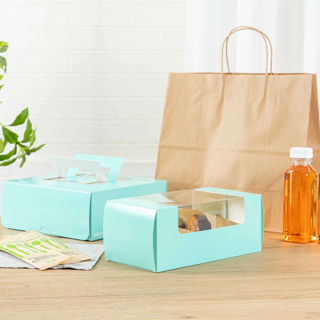 Pastry Tek Turquoise Paper Pastry / Cake Box - with Window - 9 3/4" x 4 3/4" x 4" - 100 count box