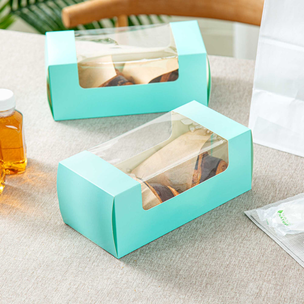 Pastry Tek Turquoise Paper Pastry / Cake Box - with Window - 9 3/4" x 4 3/4" x 4" - 100 count box