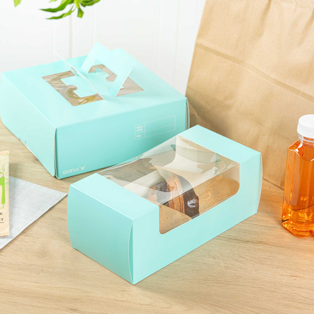 Pastry Tek Turquoise Paper Pastry / Cake Box - with Window - 9 3/4" x 4 3/4" x 4" - 100 count box