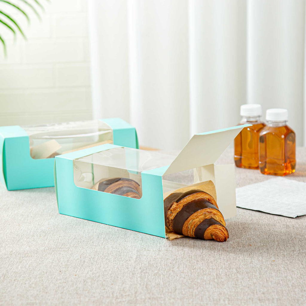 Pastry Tek Turquoise Paper Pastry / Cake Box - with Window - 9 3/4" x 4 3/4" x 4" - 100 count box