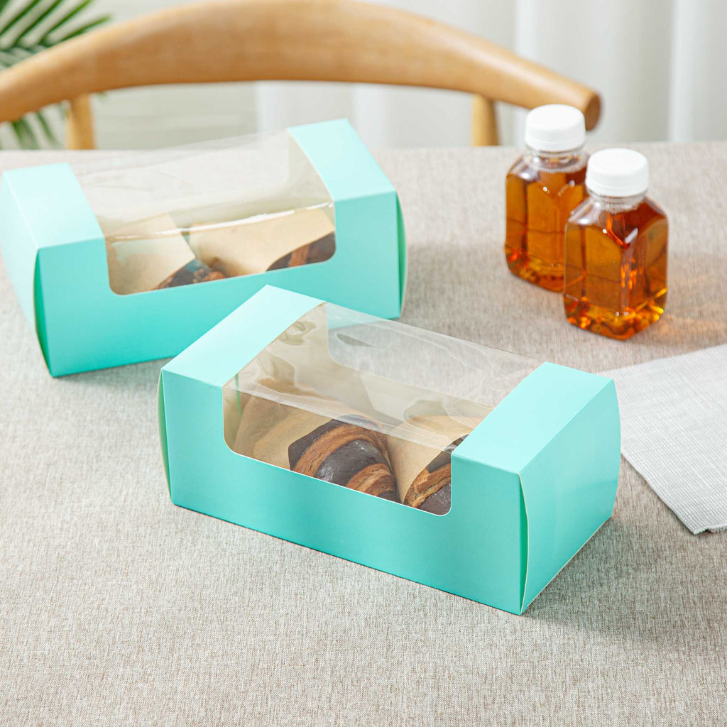 Pastry Tek Turquoise Paper Pastry / Cake Box - with Window - 9 3/4" x 4 3/4" x 4" - 100 count box