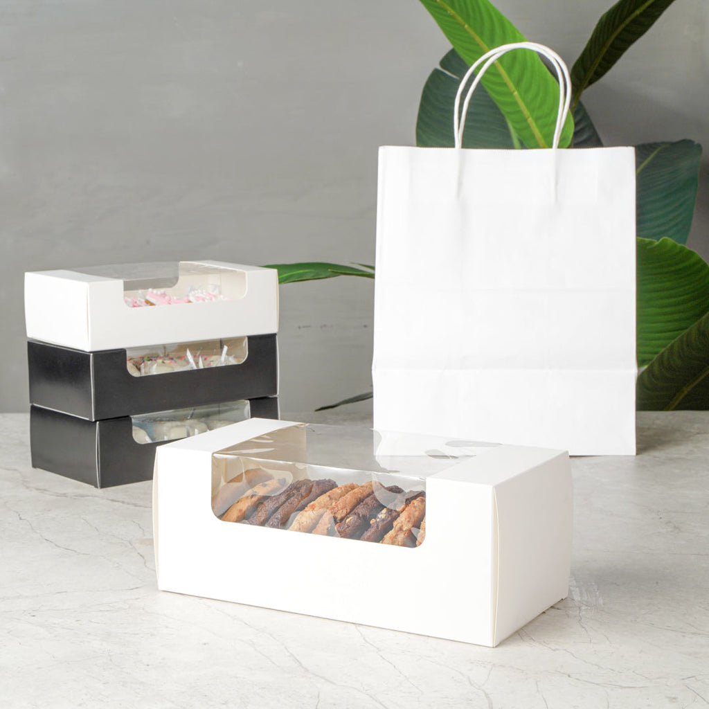 Pastry Tek White Paper Pastry / Cake Box - with Window - 9 3/4" x 4 3/4" x 4" - 100 count box