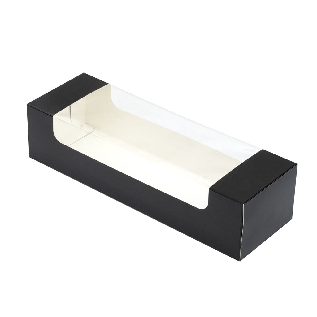 Pastry Tek Black Paper Pastry / Cake Box - with Window - 9 3/4" x 3 1/4" x 2 1/4" - 100 count box