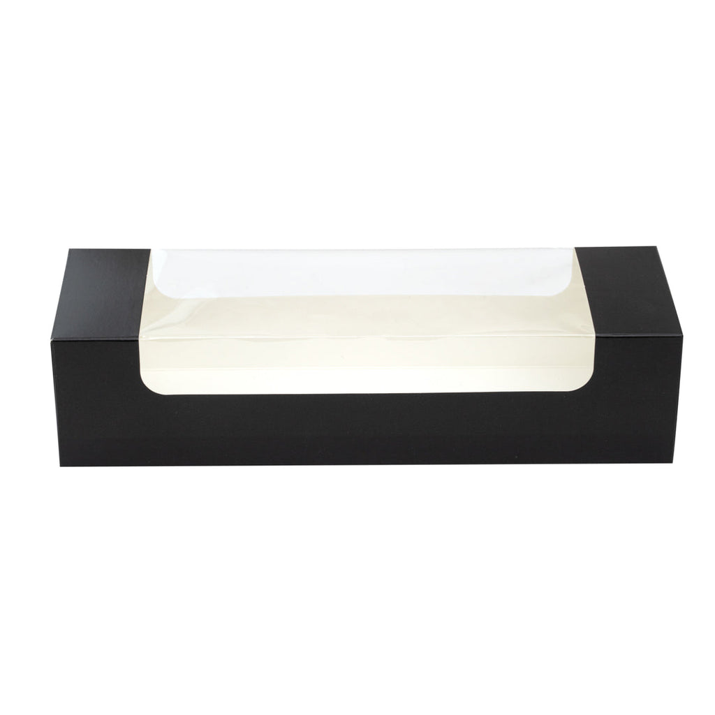 Pastry Tek Black Paper Pastry / Cake Box - with Window - 9 3/4" x 3 1/4" x 2 1/4" - 100 count box