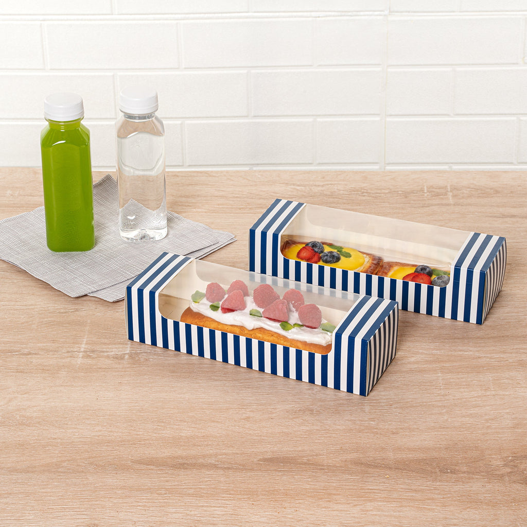 Pastry Tek Blue and White Stripe Paper Pastry / Cake Box - with Window - 9 3/4" x 3 1/4" x 2 1/4" - 100 count box