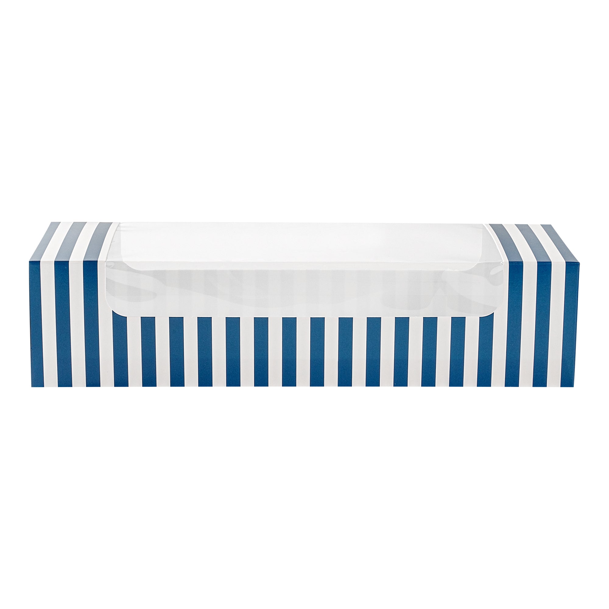 Pastry Tek Blue and White Stripe Paper Pastry / Cake Box - with Window - 9 3/4" x 3 1/4" x 2 1/4" - 100 count box