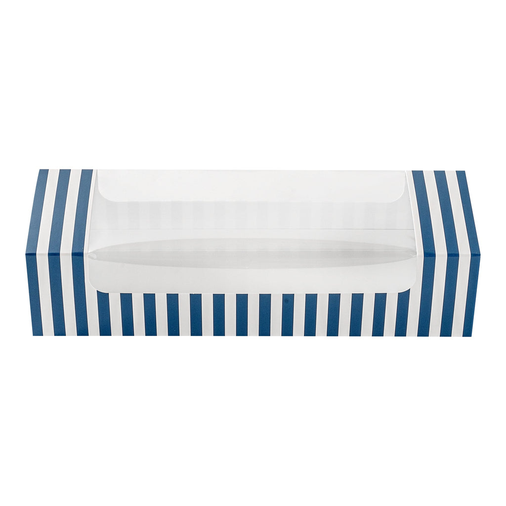 Pastry Tek Blue and White Stripe Paper Pastry / Cake Box - with Window - 9 3/4" x 3 1/4" x 2 1/4" - 100 count box