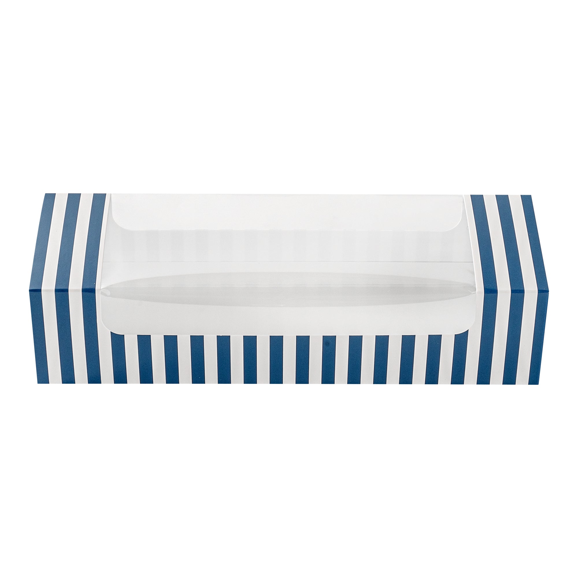 Pastry Tek Blue and White Stripe Paper Pastry / Cake Box - with Window - 9 3/4" x 3 1/4" x 2 1/4" - 100 count box