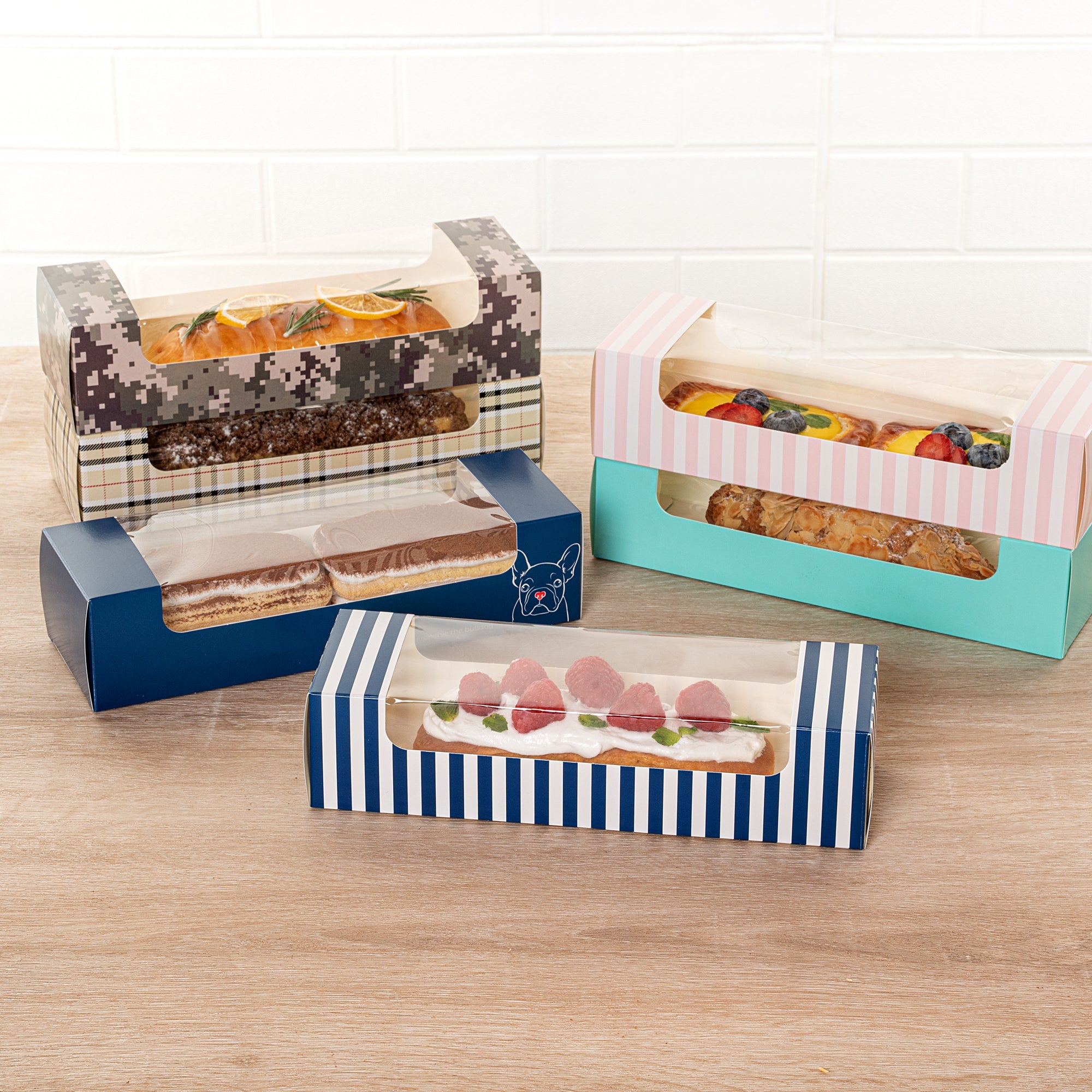 Pastry Tek Blue and White Stripe Paper Pastry / Cake Box - with Window - 9 3/4" x 3 1/4" x 2 1/4" - 100 count box