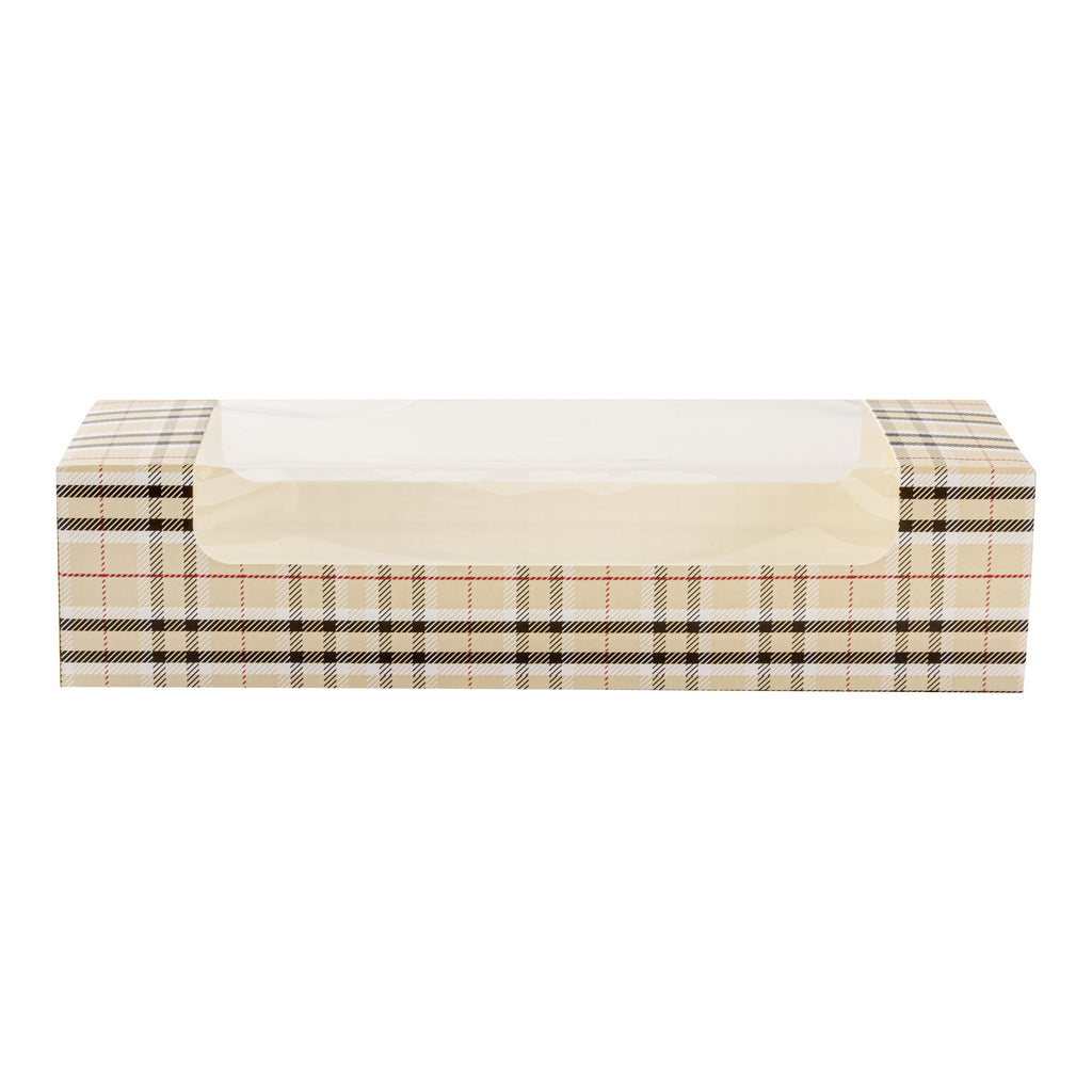 Pastry Tek Plaid Paper Pastry / Cake Box - with Window - 9 3/4" x 3 1/4" x 2 1/4" - 100 count box