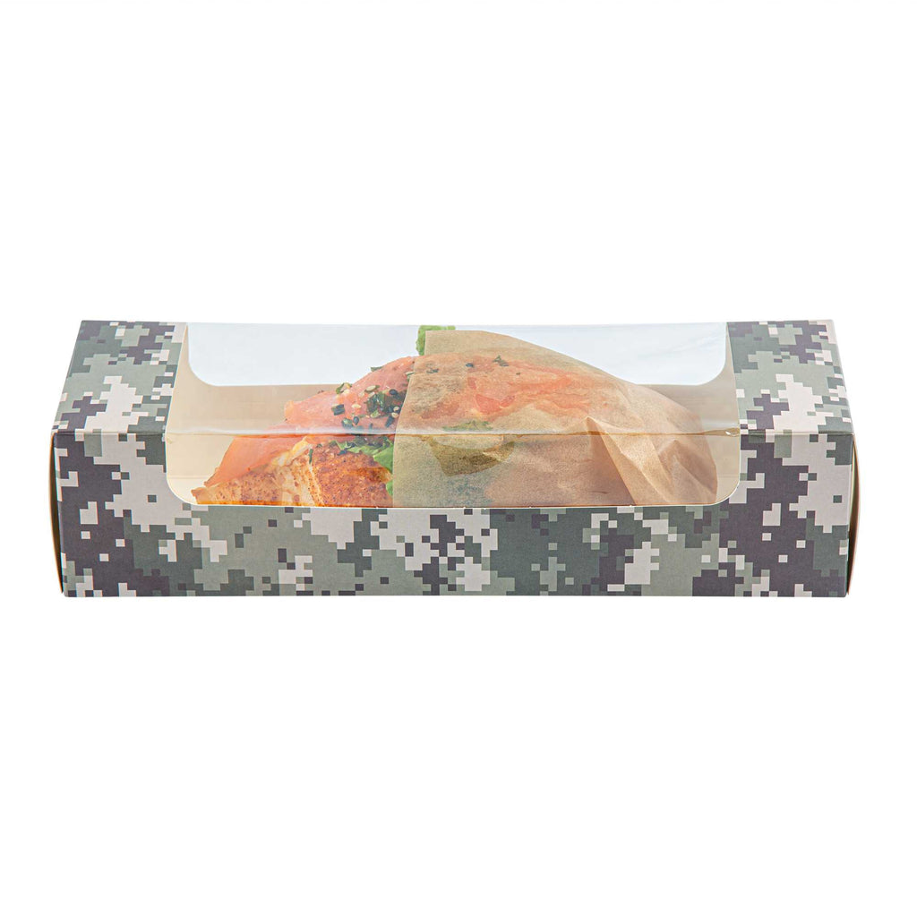 Pastry Tek Camouflage Paper Pastry / Cake Box - with Window - 9 3/4" x 3 1/4" x 2 1/4" - 100 count box