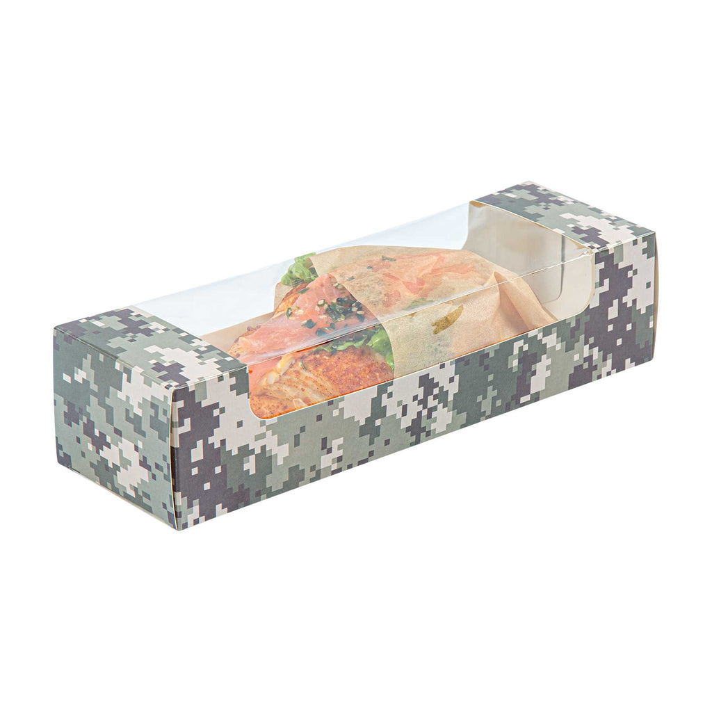 Pastry Tek Camouflage Paper Pastry / Cake Box - with Window - 9 3/4" x 3 1/4" x 2 1/4" - 100 count box