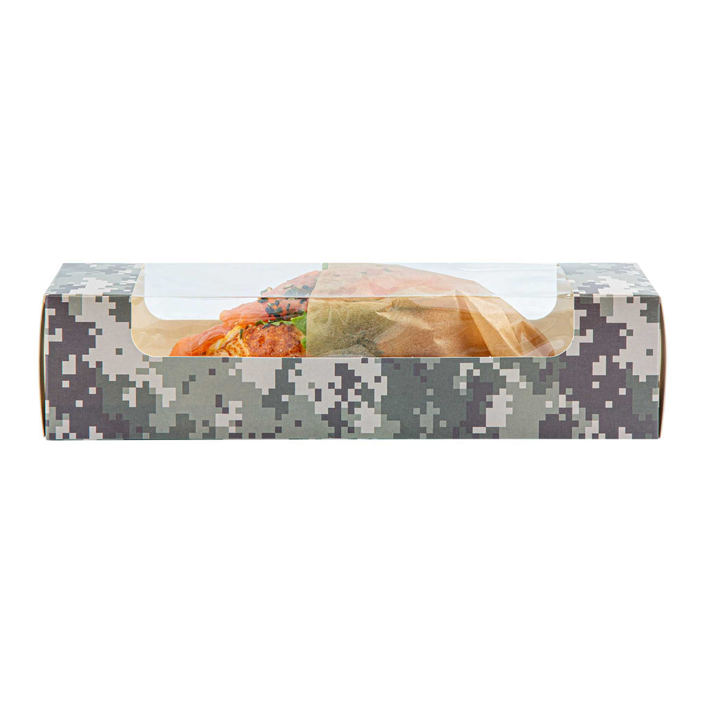 Pastry Tek Camouflage Paper Pastry / Cake Box - with Window - 9 3/4" x 3 1/4" x 2 1/4" - 100 count box