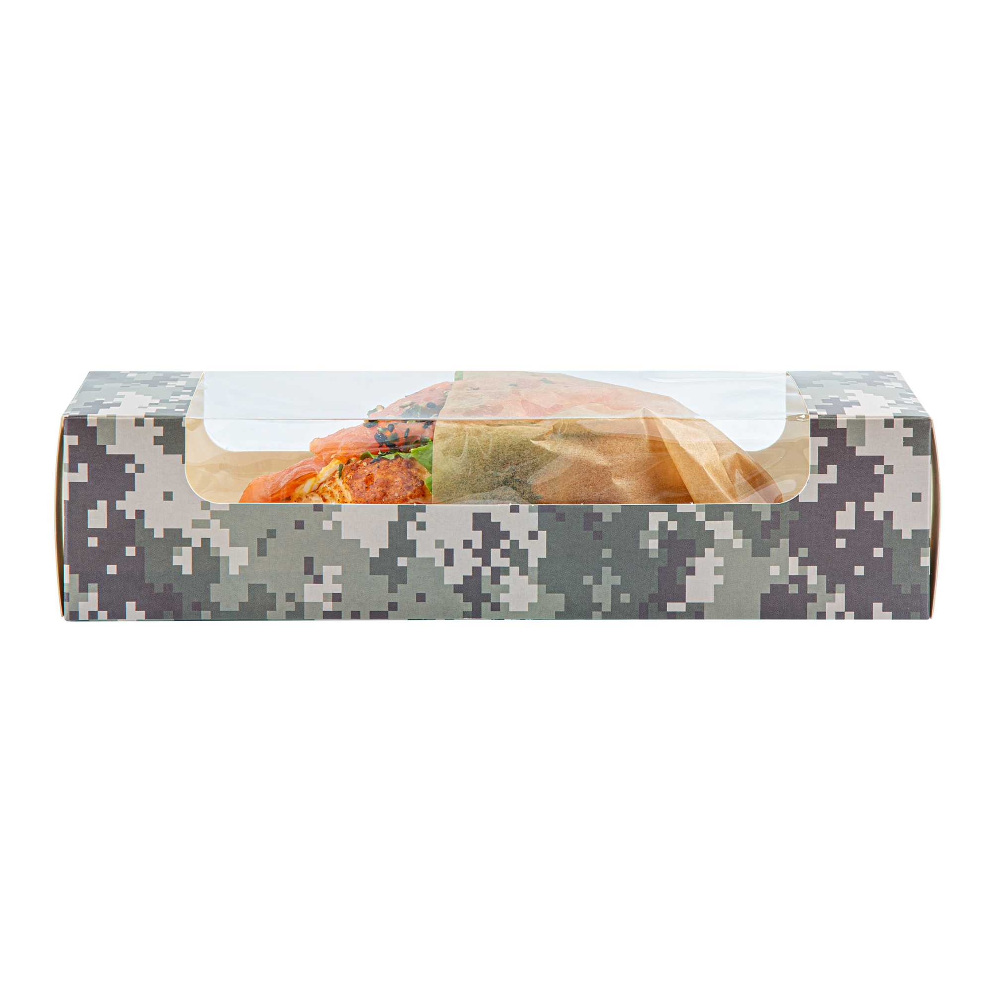 Pastry Tek Camouflage Paper Pastry / Cake Box - with Window - 9 3/4" x 3 1/4" x 2 1/4" - 100 count box