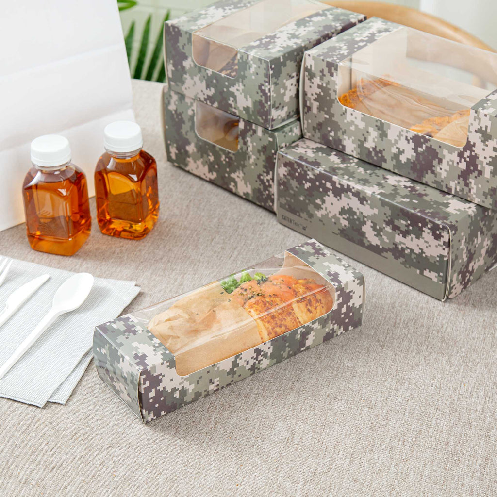 Pastry Tek Camouflage Paper Pastry / Cake Box - with Window - 9 3/4" x 3 1/4" x 2 1/4" - 100 count box