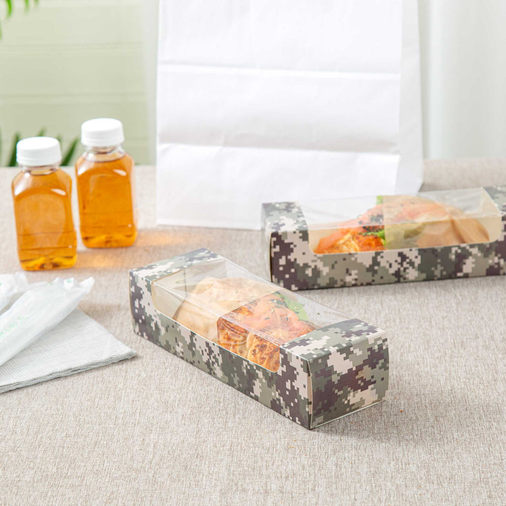 Pastry Tek Camouflage Paper Pastry / Cake Box - with Window - 9 3/4" x 3 1/4" x 2 1/4" - 100 count box