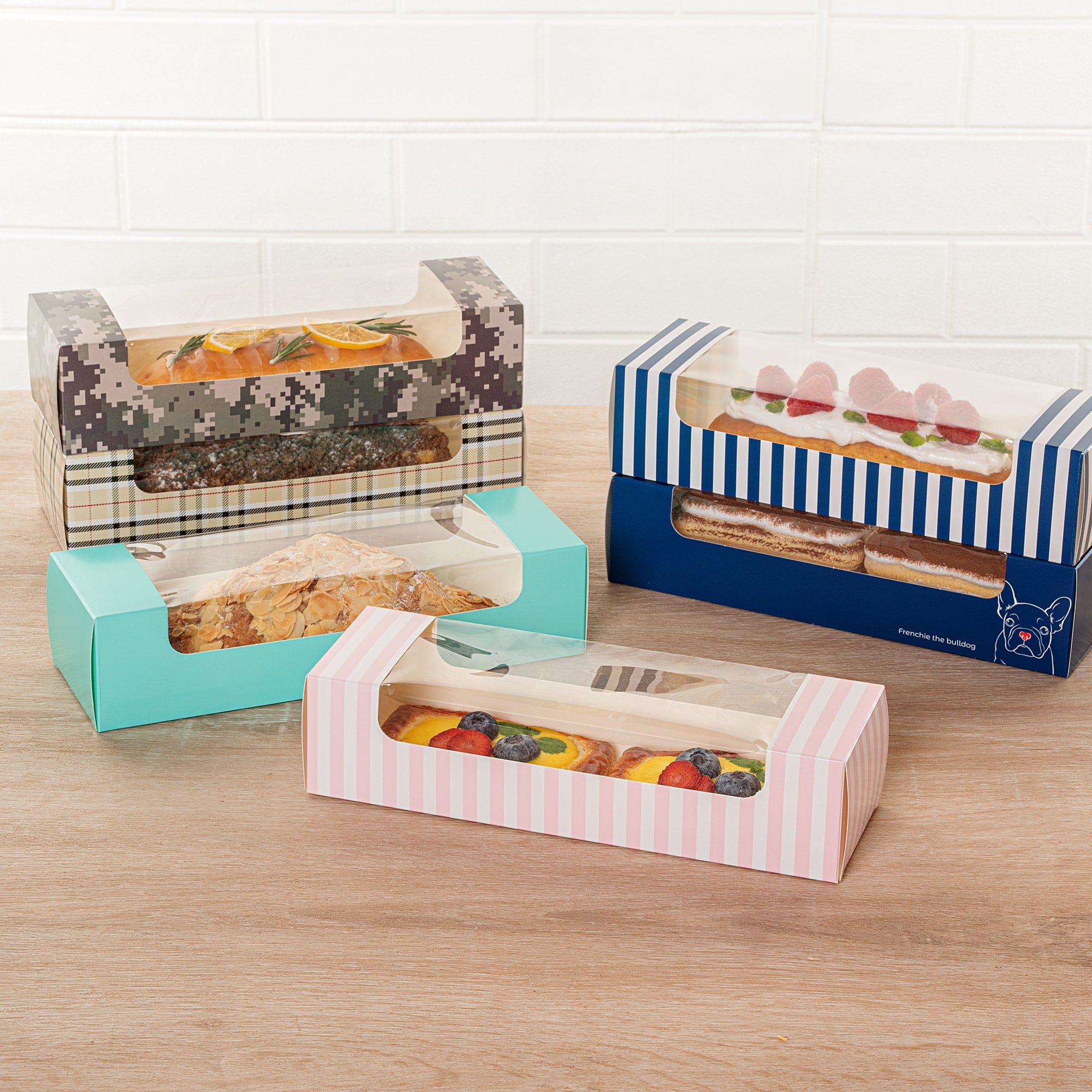 Pastry Tek Pink and White Stripe Paper Pastry / Cake Box - with Window - 9 3/4" x 3 1/4" x 2 1/4" - 100 count box