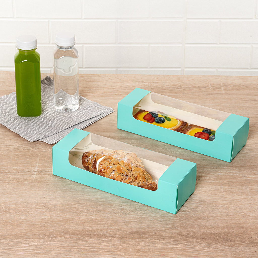 Pastry Tek Turquoise Paper Pastry / Cake Box - with Window - 9 3/4" x 3 1/4" x 2 1/4" - 100 count box