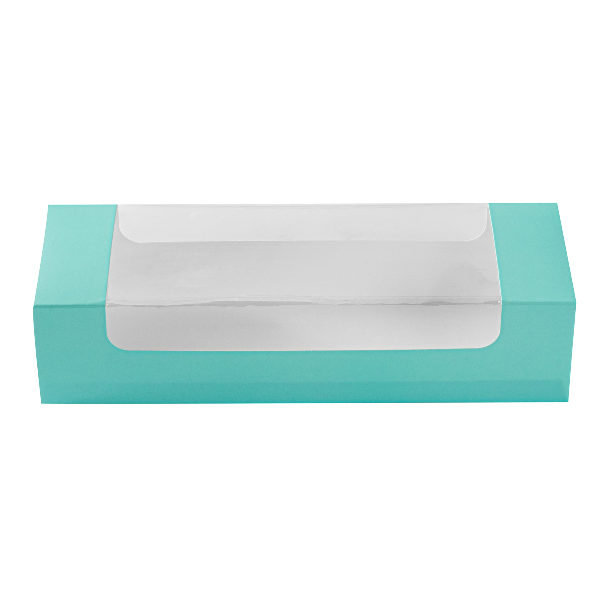 Pastry Tek Turquoise Paper Pastry / Cake Box - with Window - 9 3/4" x 3 1/4" x 2 1/4" - 100 count box