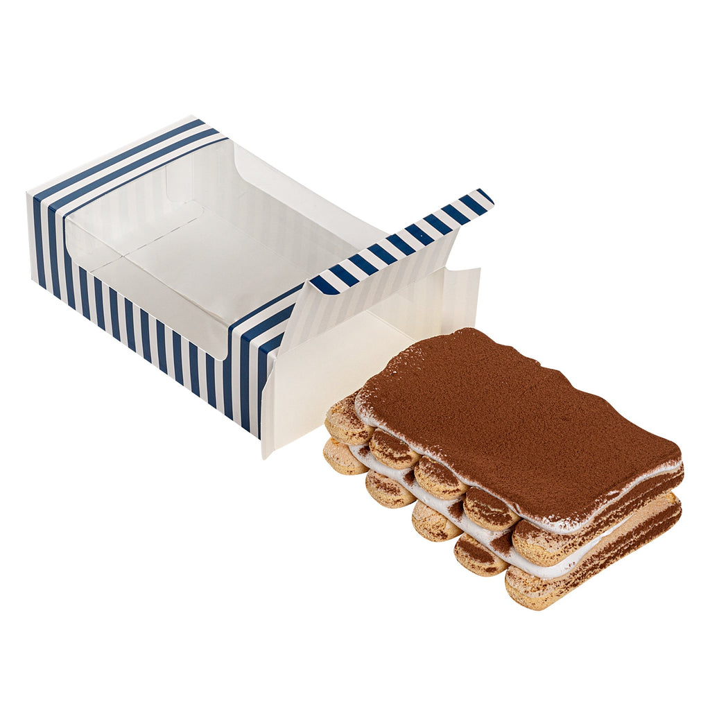 Pastry Tek Blue and White Stripe Paper Pastry / Cake Box - with Window - 7 3/4" x 4 3/4" x 2 1/4" - 100 count box