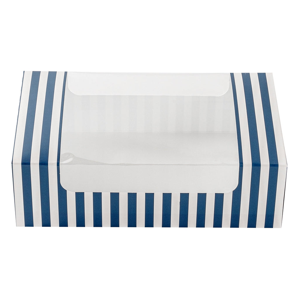 Pastry Tek Blue and White Stripe Paper Pastry / Cake Box - with Window - 7 3/4" x 4 3/4" x 2 1/4" - 100 count box