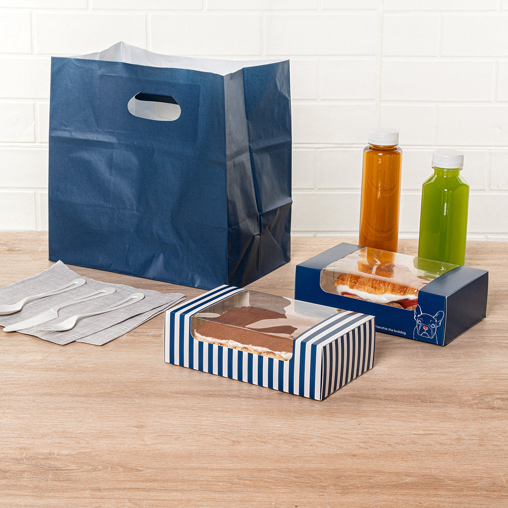 Pastry Tek Blue and White Stripe Paper Pastry / Cake Box - with Window - 7 3/4" x 4 3/4" x 2 1/4" - 100 count box