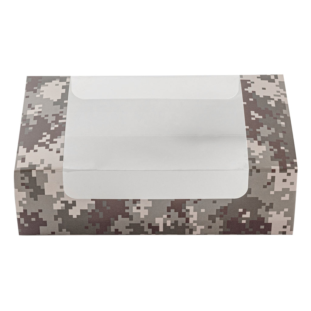 Pastry Tek Camouflage Paper Pastry / Cake Box - with Window - 7 3/4" x 4 3/4" x 2 1/4" - 100 count box