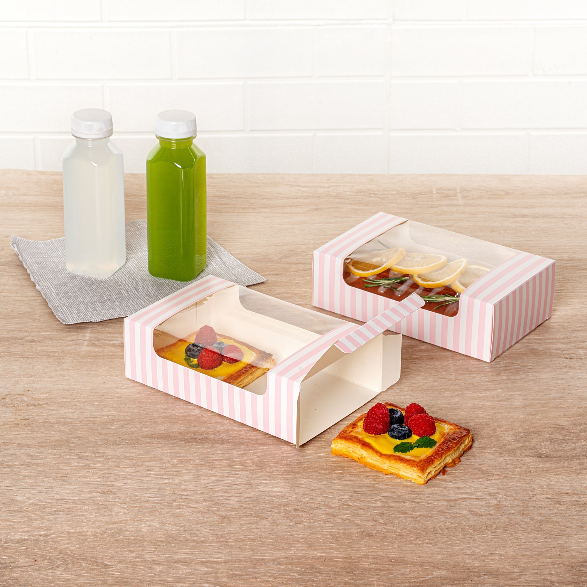 Pastry Tek Pink and White Stripe Paper Pastry / Cake Box - with Window - 7 3/4" x 4 3/4" x 2 1/4" - 100 count box