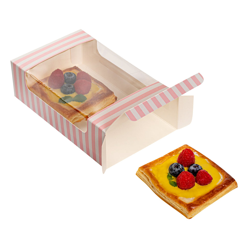 Pastry Tek Pink and White Stripe Paper Pastry / Cake Box - with Window - 7 3/4" x 4 3/4" x 2 1/4" - 100 count box