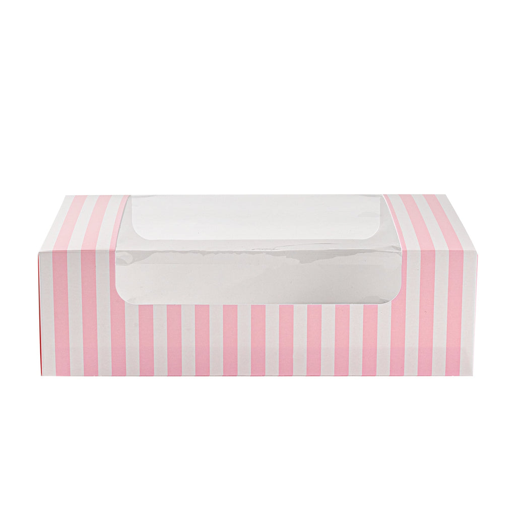 Pastry Tek Pink and White Stripe Paper Pastry / Cake Box - with Window - 7 3/4" x 4 3/4" x 2 1/4" - 100 count box