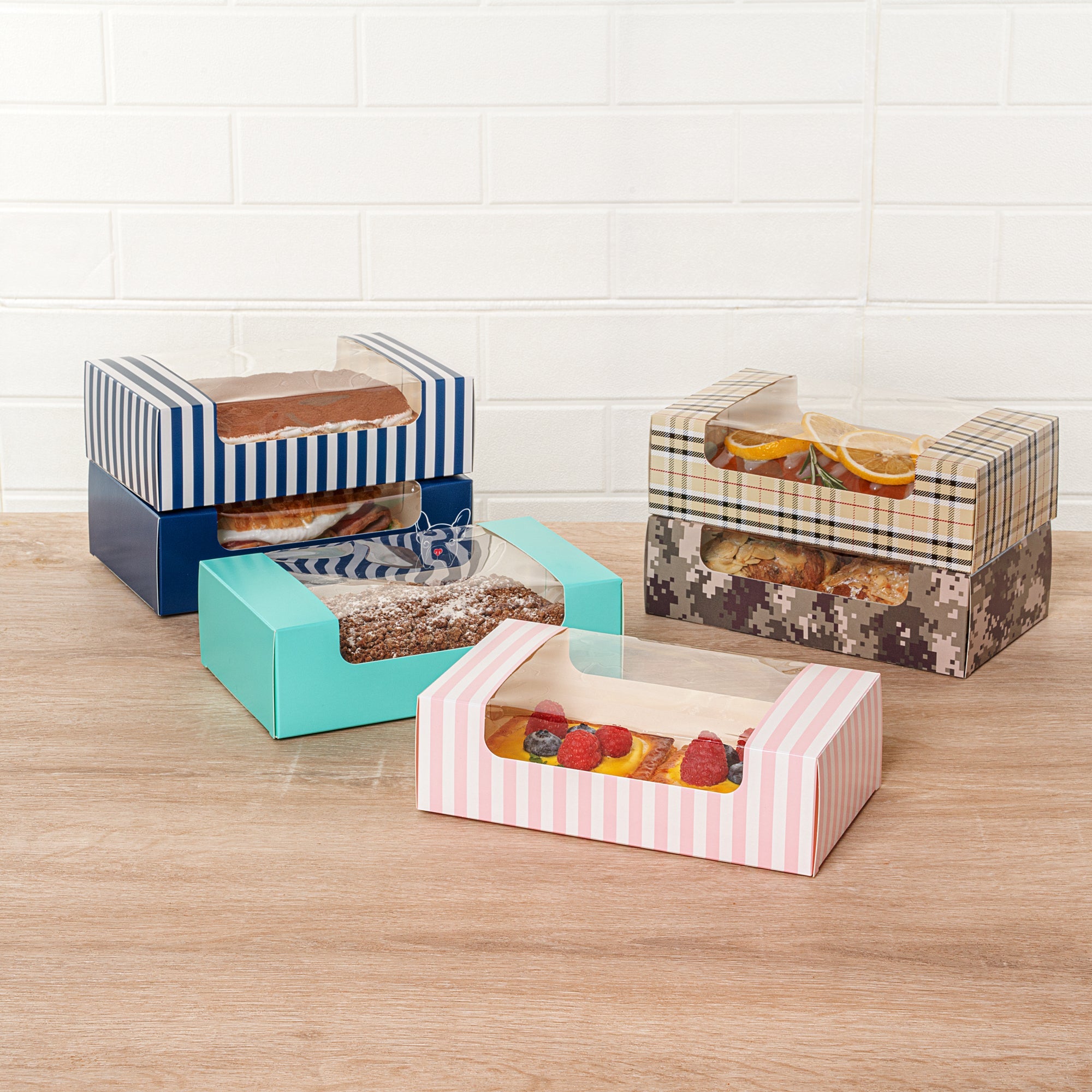 Pastry Tek Pink and White Stripe Paper Pastry / Cake Box - with Window - 7 3/4" x 4 3/4" x 2 1/4" - 100 count box