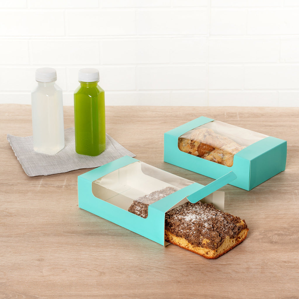 Pastry Tek Turquoise Paper Pastry / Cake Box - with Window - 7 3/4" x 4 3/4" x 2 1/4" - 100 count box