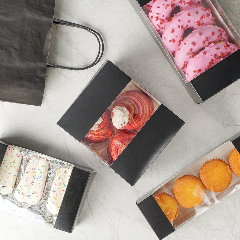 Pastry Tek Black Paper Pastry / Cake Box - with Window - 7" x 6" x 4" - 100 count box