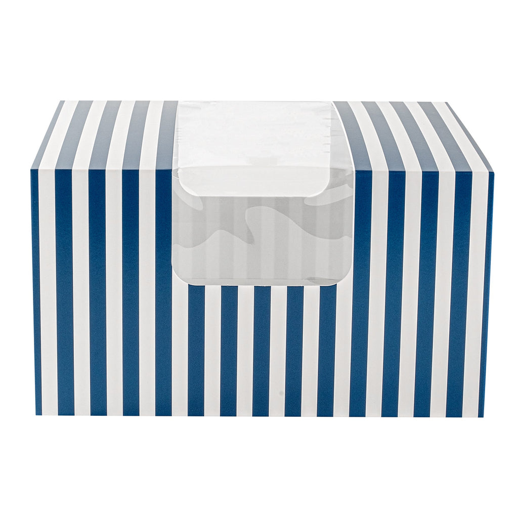 Pastry Tek Blue and White Stripe Paper Pastry / Cake Box - with Window - 7" x 6" x 4"- 100 count box