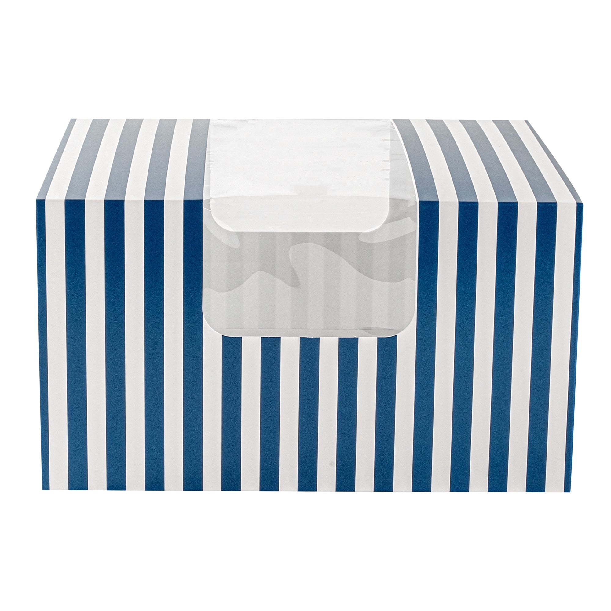 Pastry Tek Blue and White Stripe Paper Pastry / Cake Box - with Window - 7" x 6" x 4"- 100 count box