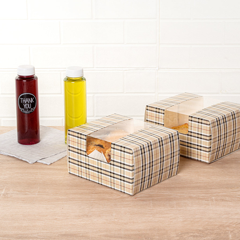 Pastry Tek Plaid Paper Pastry / Cake Box - with Window - 7" x 6" x 4" - 100 count box