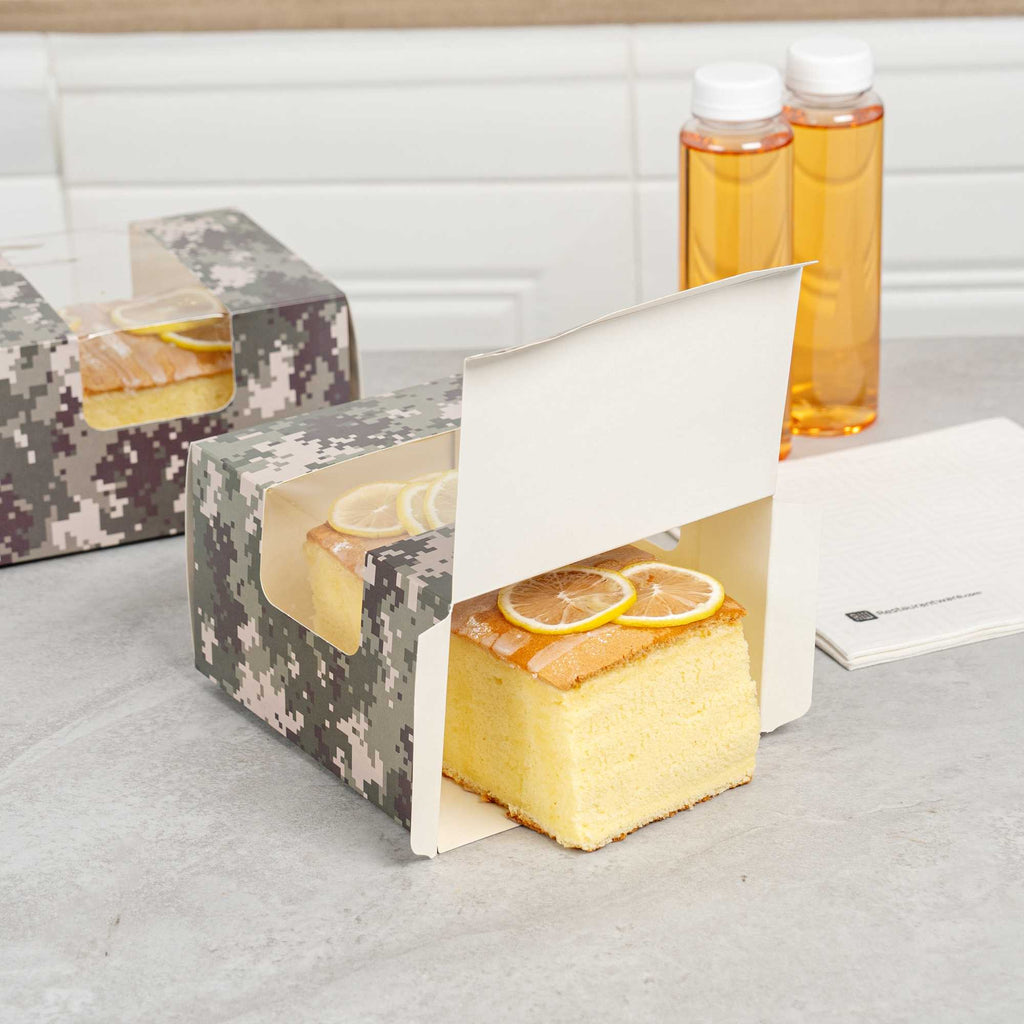 Pastry Tek Camouflage Paper Pastry / Cake Box - with Window - 7" x 6" x 4" - 100 count box