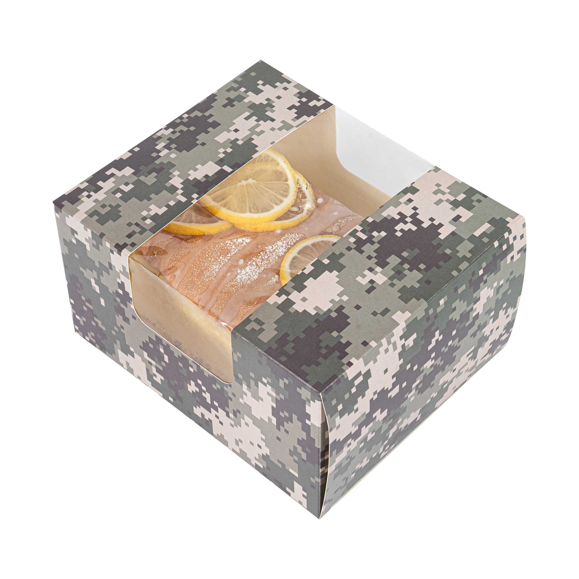 Pastry Tek Camouflage Paper Pastry / Cake Box - with Window - 7" x 6" x 4" - 100 count box