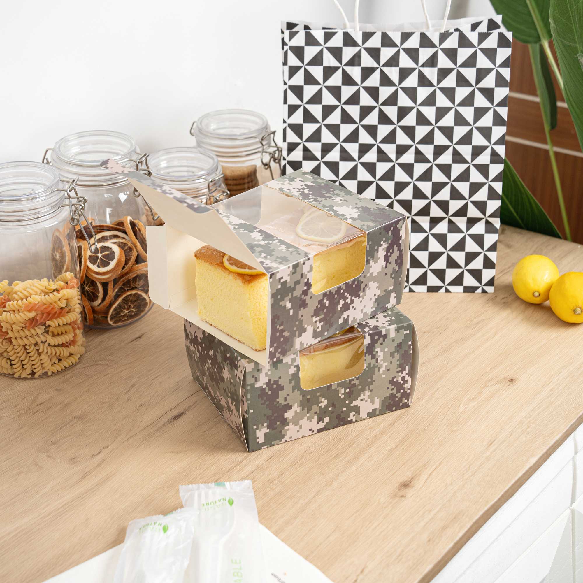 Pastry Tek Camouflage Paper Pastry / Cake Box - with Window - 7" x 6" x 4" - 100 count box