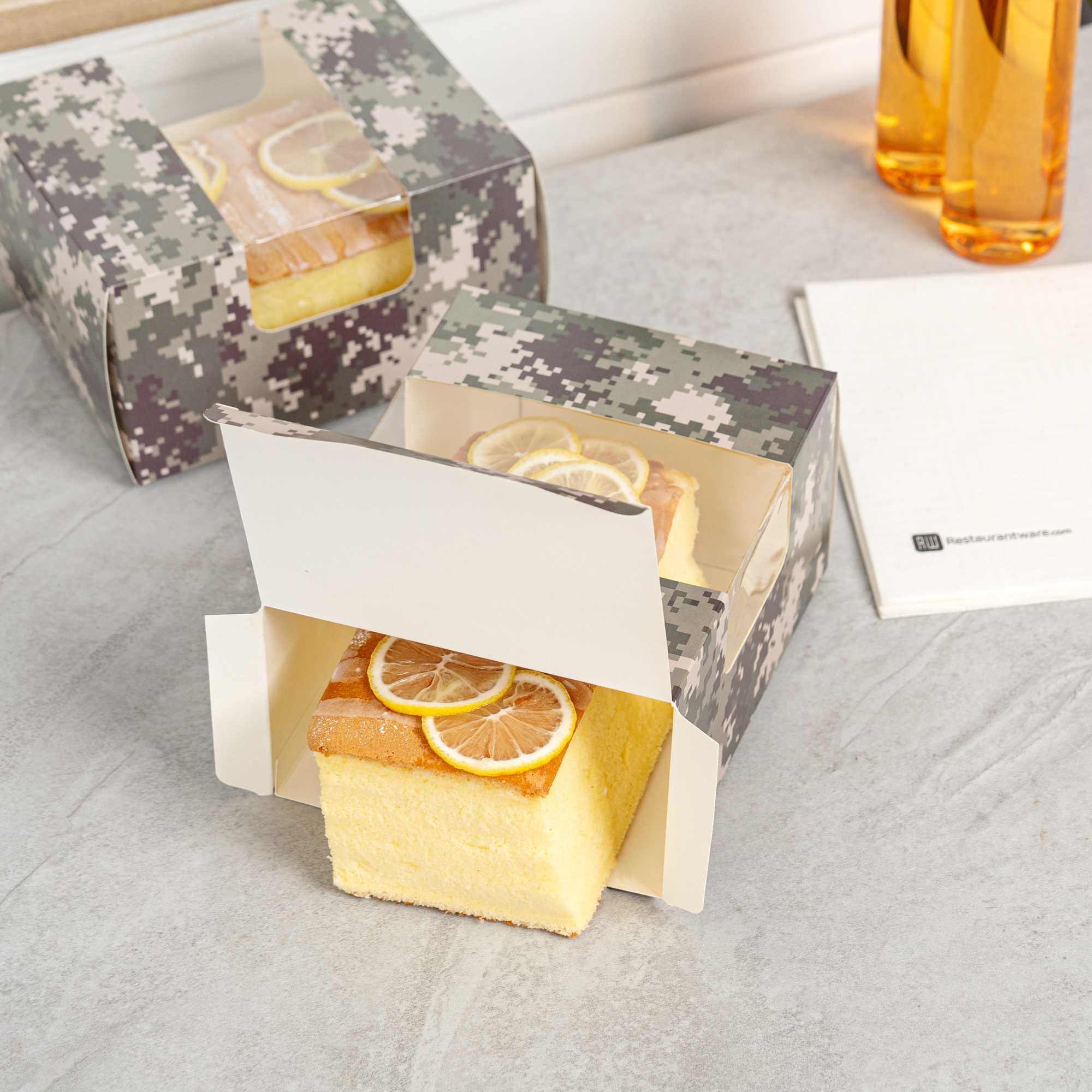 Pastry Tek Camouflage Paper Pastry / Cake Box - with Window - 7" x 6" x 4" - 100 count box
