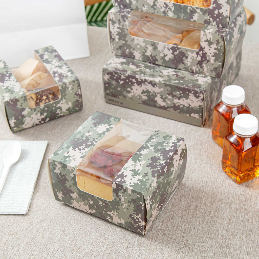 Pastry Tek Camouflage Paper Pastry / Cake Box - with Window - 7" x 6" x 4" - 100 count box