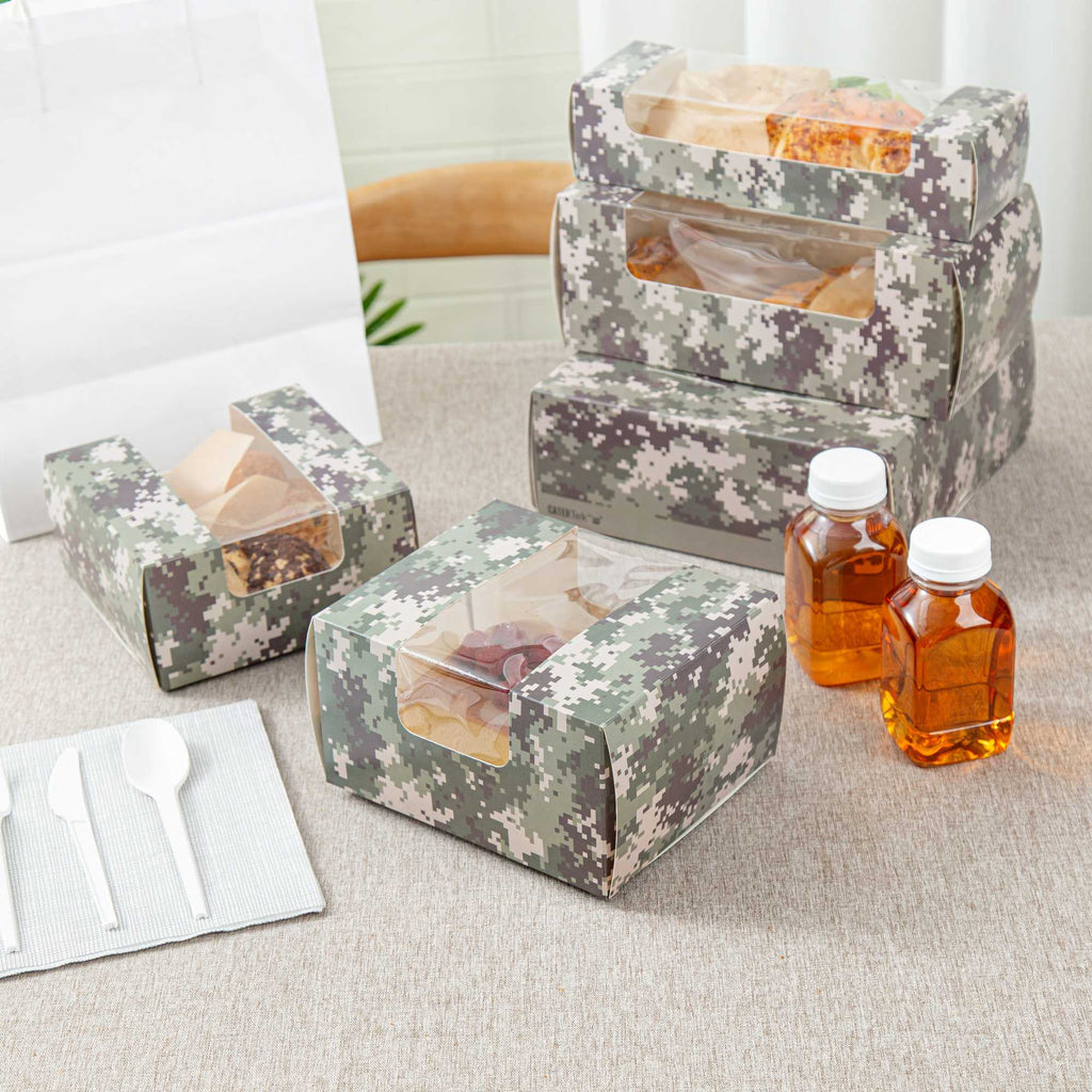 Pastry Tek Camouflage Paper Pastry / Cake Box - with Window - 7" x 6" x 4" - 100 count box