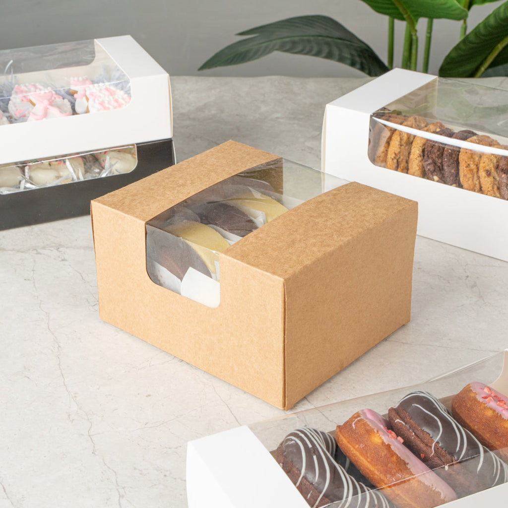 Pastry Tek Kraft Paper Pastry / Cake Box - with Window - 7" x 6" x 4" - 100 count box