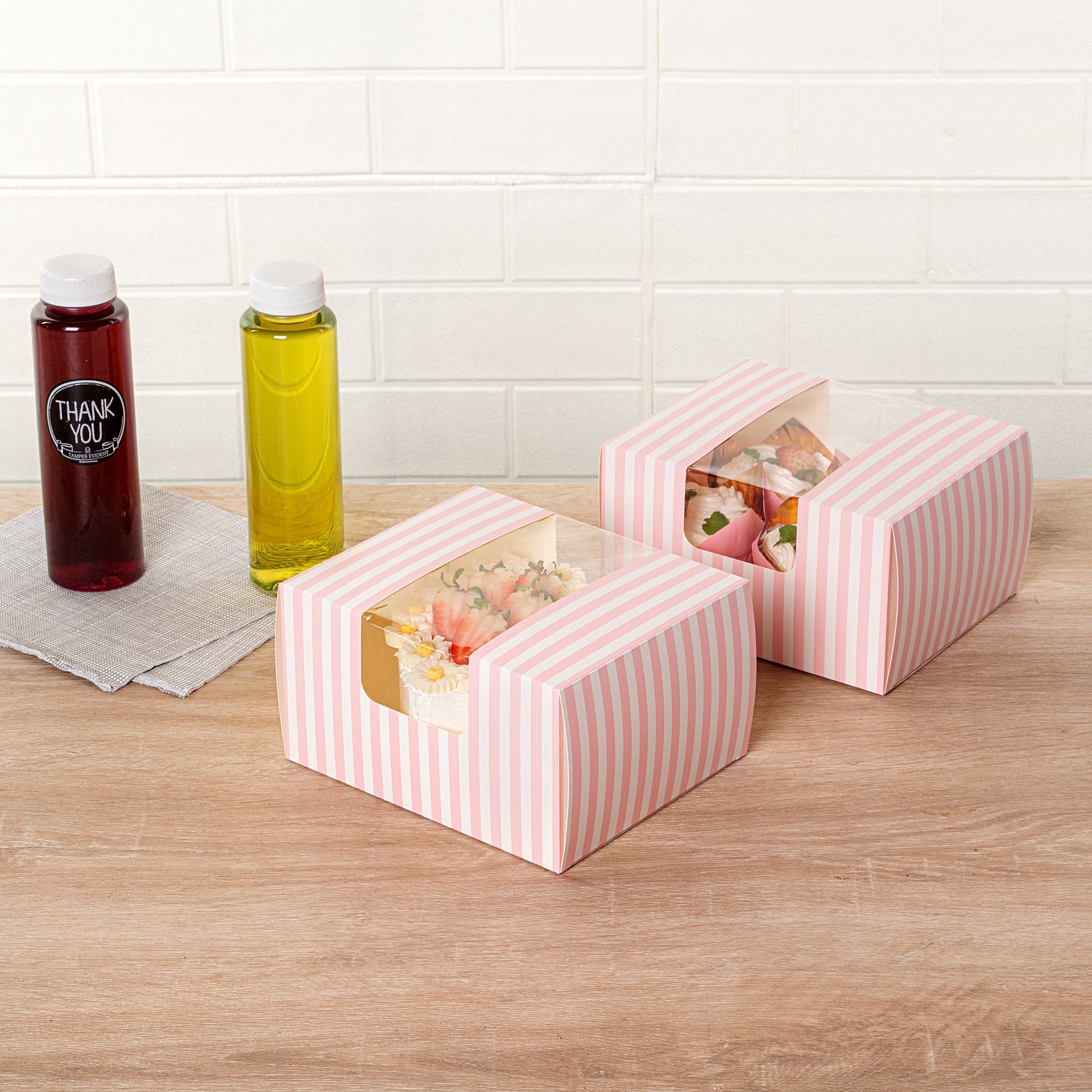 Pastry Tek Pink and White Stripe Paper Pastry / Cake Box - with Window - 7" x 6" x 4" - 100 count box