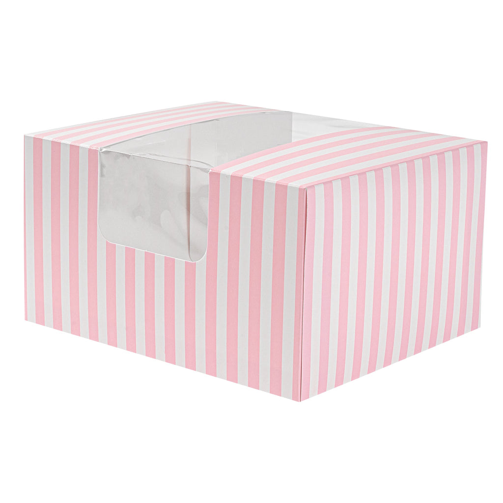 Pastry Tek Pink and White Stripe Paper Pastry / Cake Box - with Window - 7" x 6" x 4" - 100 count box