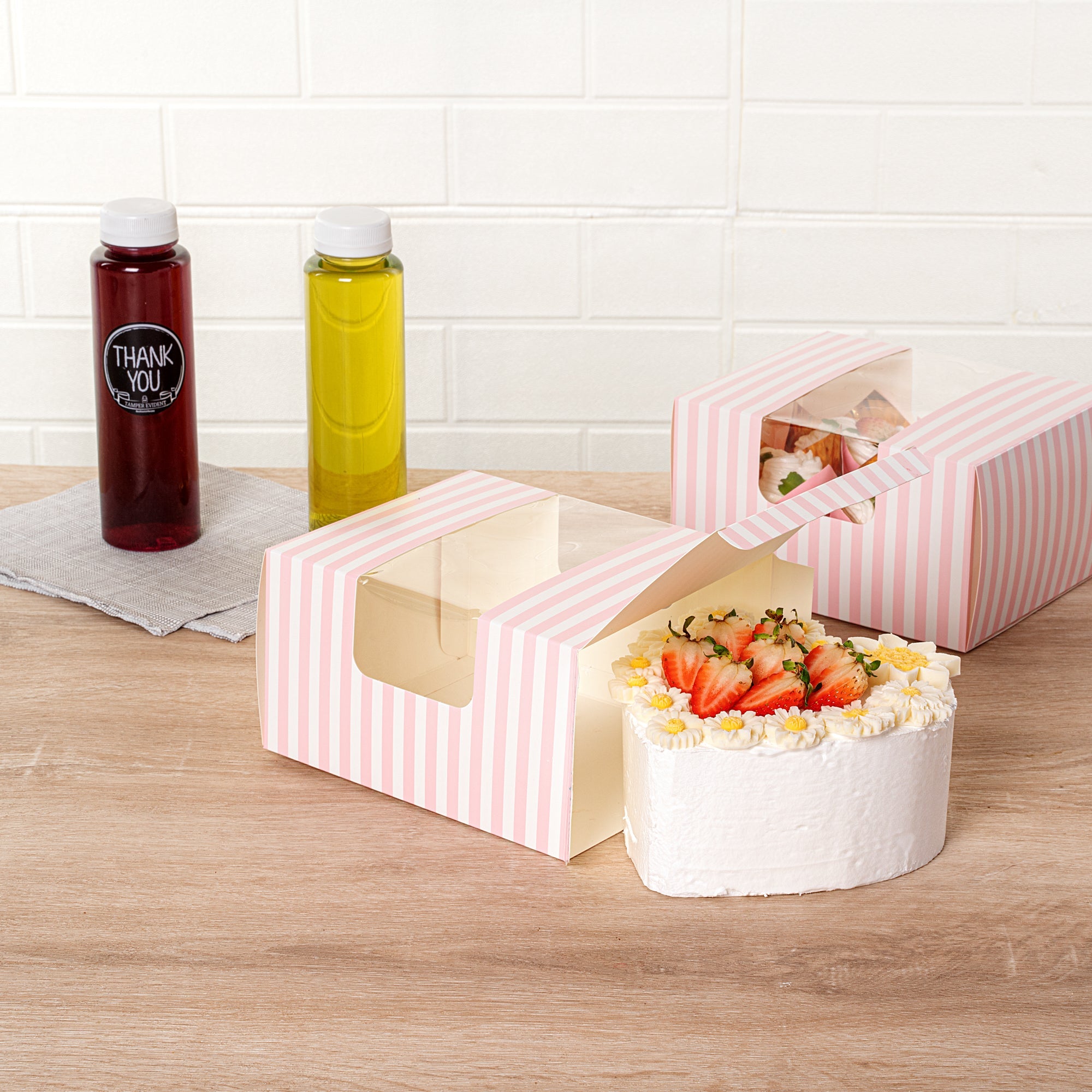Pastry Tek Pink and White Stripe Paper Pastry / Cake Box - with Window - 7" x 6" x 4" - 100 count box