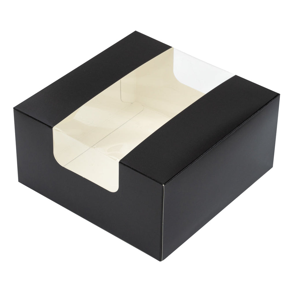 Pastry Tek Black Paper Pastry / Cake Box - with Window - 6 1/4" x 6 1/4" x 3 1/4" - 100 count box