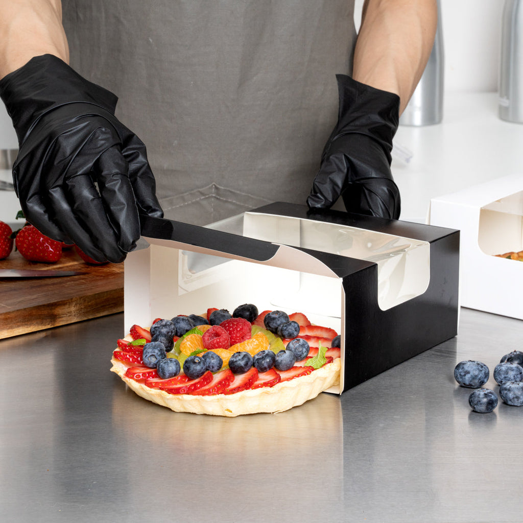 Pastry Tek Black Paper Pastry / Cake Box - with Window - 6 1/4" x 6 1/4" x 3 1/4" - 100 count box